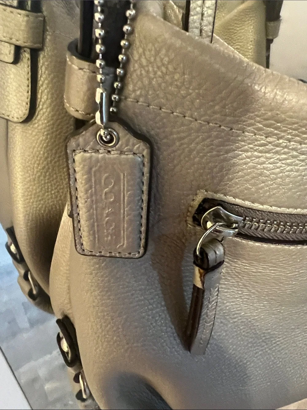 Classic silver Gray Leather Coach Shoulder Bag